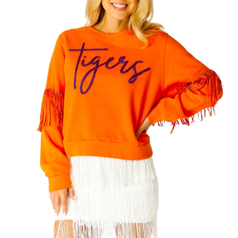 NWT Stewart Simmons The Tigers Clemson Fringe Sweatshirt Orange & Purple